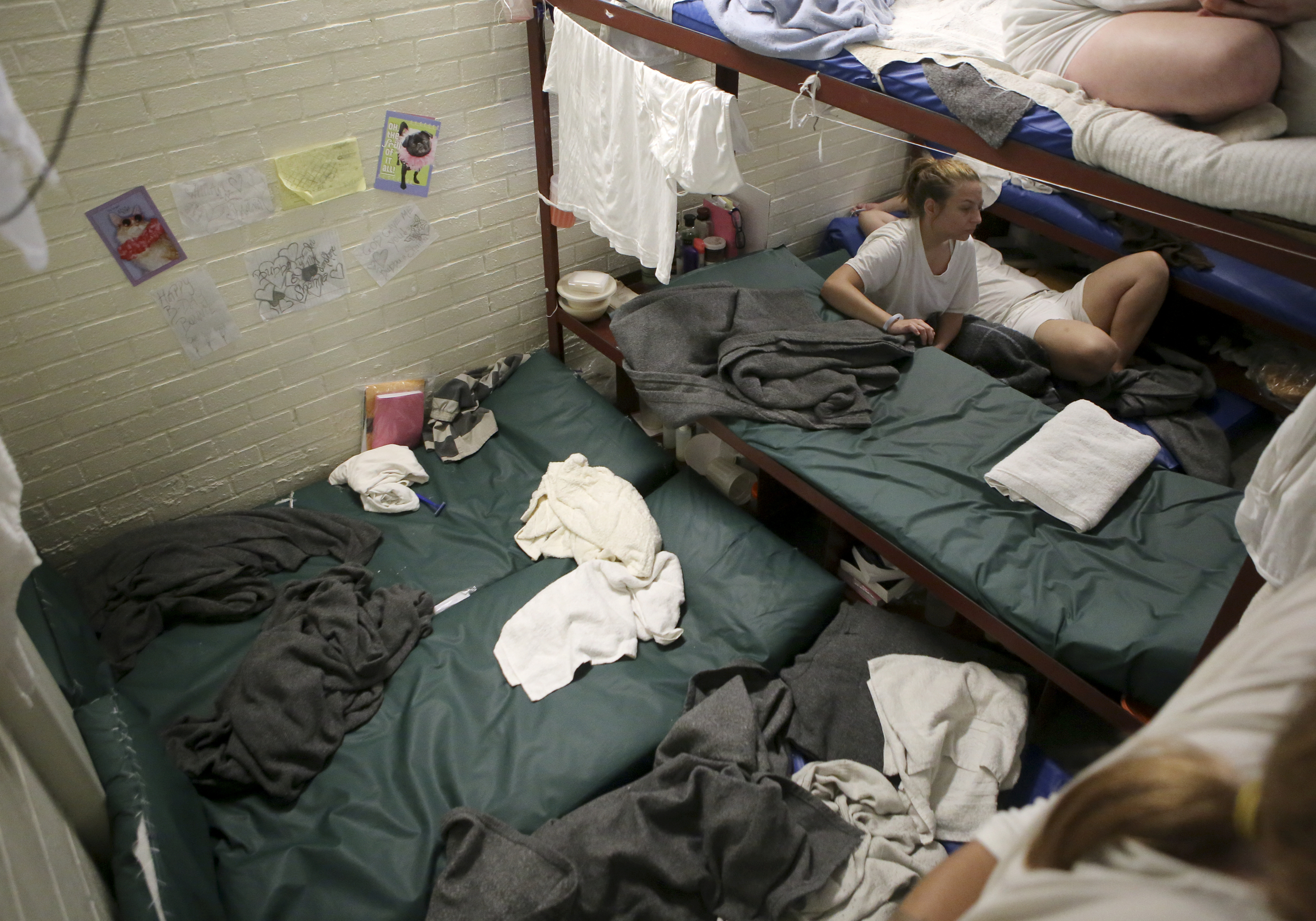 Beds are piled into a cell where the women inmates are held at the Rhea County Jail on Wednesday, June 28, in Dayton, Tenn. Twenty-five women are housed in an eight-bed cell. Over 200 inmates are housed at the jail which is only approved to house 87.