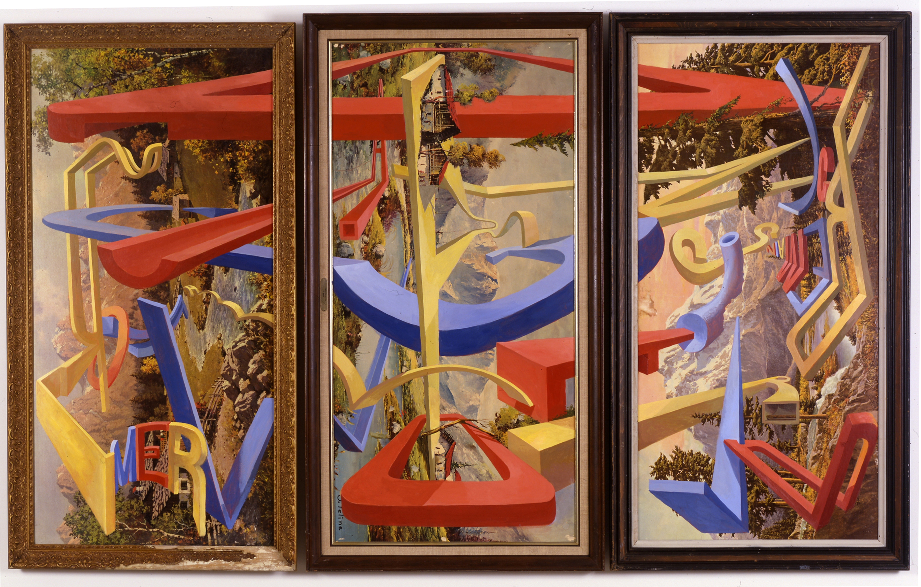 "Organic Remains of a Former World," 2005, three parts acryliic on offset lithograph, 28x52, 29.5x53.5, 29x54 inches, Courtesy of the Artist and Western Project, Los Angeles.