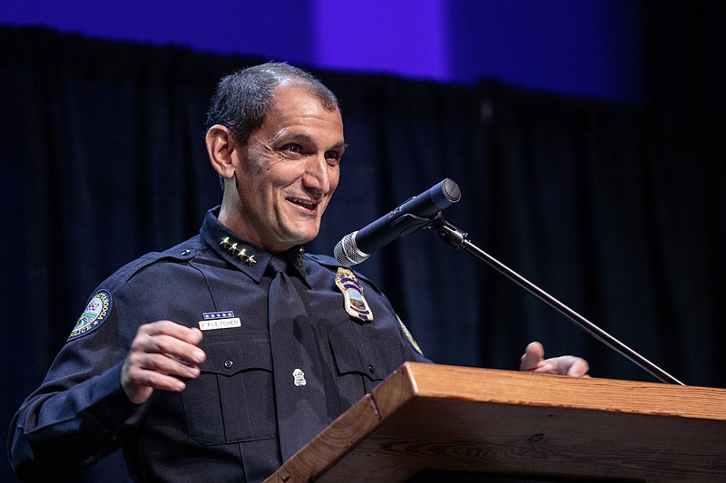 Chief Fred Fletcher speaks about his officers at the Chattanooga Police Department's annual awards ceremony held at Calvary Chapel church on Thursday, June 29, 2017, in Chattanooga, Tenn. The annual ceremony honors officers, community partners, and federal law enforcement partners of the CPD for exceptional public service.
