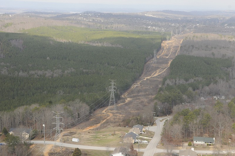 The Tennessee Valley Authority's aggressive vegetation management policy in 2013 is evident along a power line path near Summit.