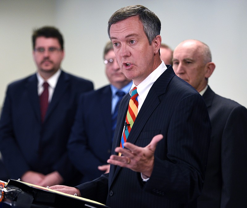 Tennessee Secretary of State Tre Hargett speaks at a news conference Tuesday, May 19, 2015, in Knoxville. (Michael Patrick/Knoxville News Sentinel via AP)