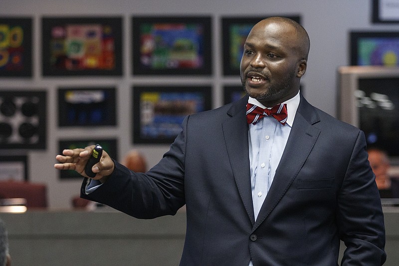 Hamilton County Schools superintendent candidate Dr. Bryan Johnson speaks to the public during a meet-and-greet in the Board of Education meeting room on Thursday, June 8, 2017, in Chattanooga, Tenn. Dr. Johnson is the fourth of five candidates to interview for the position.