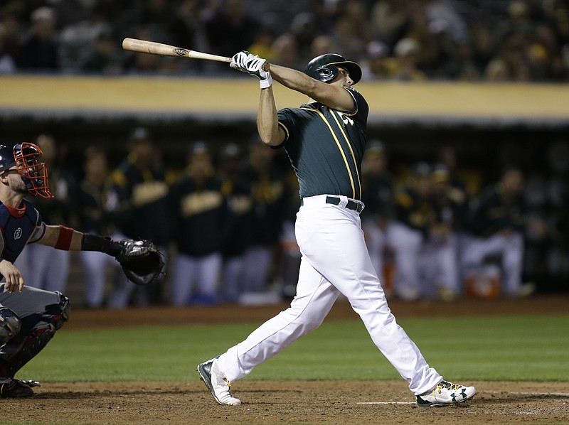 
              Oakland Athletics' Matt Olson swings for a home run off Atlanta Braves' Mike Foltynewicz during the ninth inning of a baseball game Friday, June 30, 2017, in Oakland, Calif. (AP Photo/Ben Margot)
            