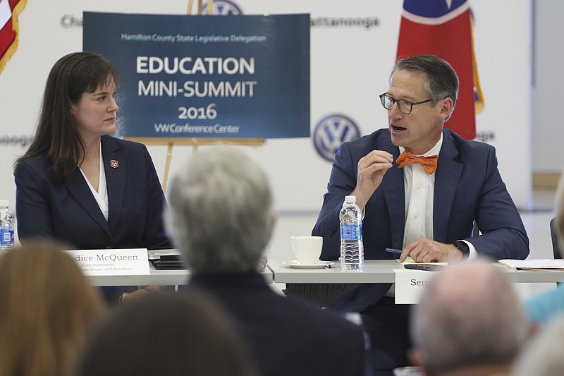 Candice McQueen, commissioner of the Tennessee Department of Education, and Sen. Bo Watson, R-Hixson, discuss education during an event at the Volkswagen conference center in 2016.