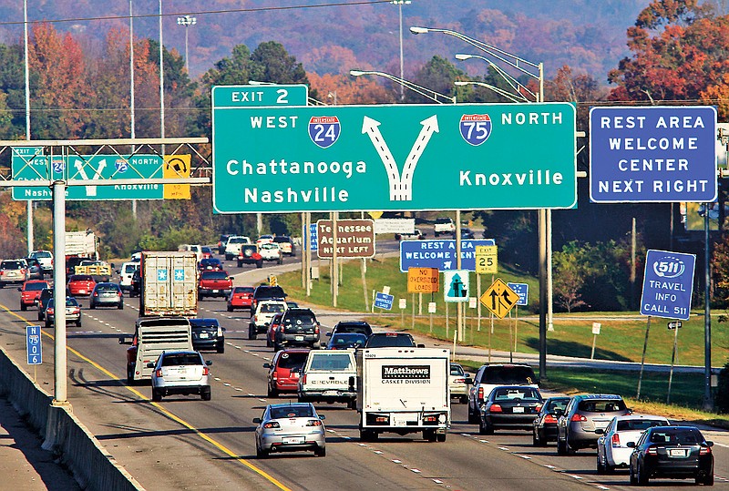 Vehicles travel north on Interstate 75 near Chattanooga. In May, TDOT released a three-year project list that includes a reconstruction of the I-24/I-75 split in Hamilton County.