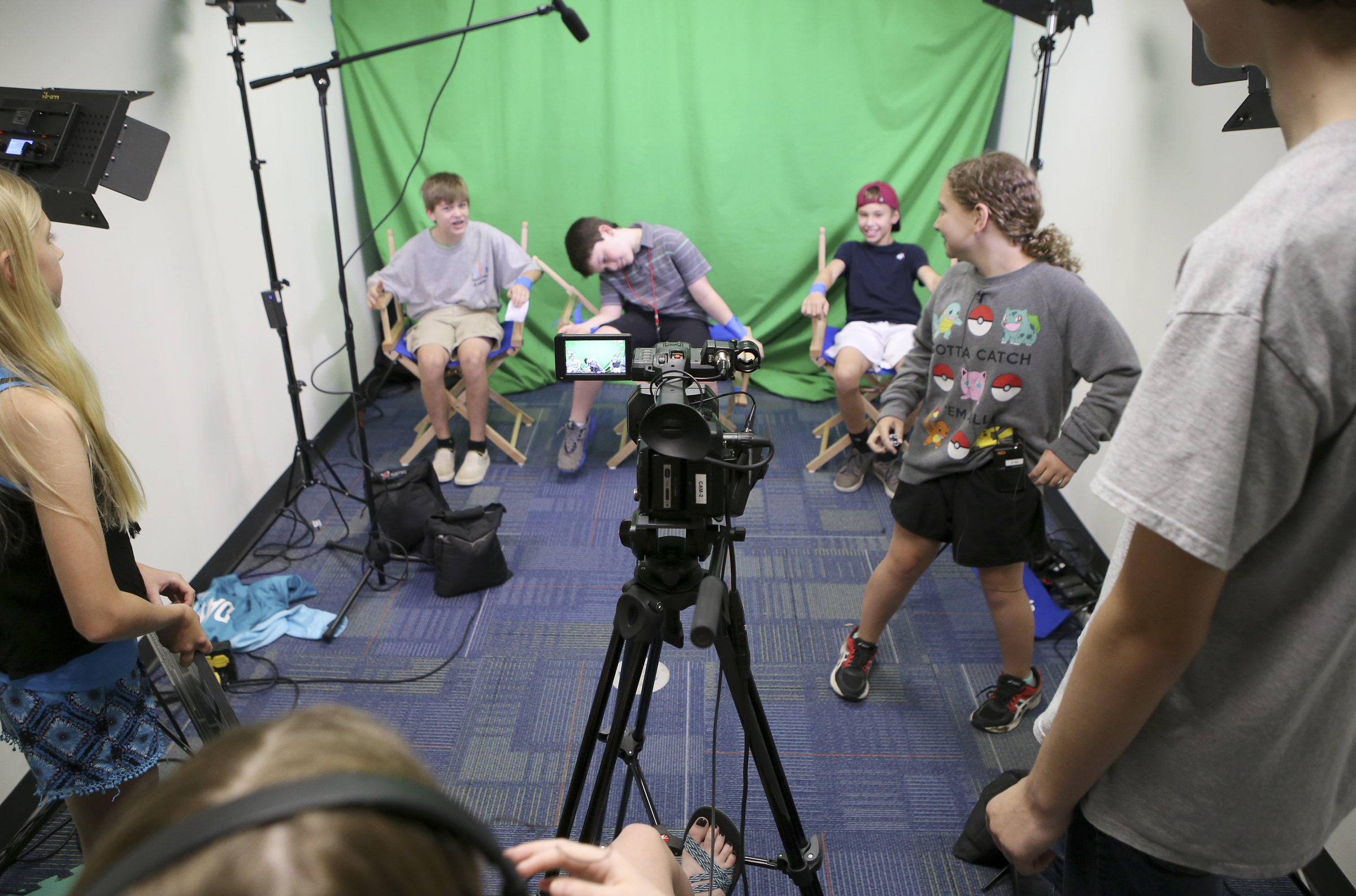 Campers work in a studio while filming a scene during Tech Town camp at the Edeny Building on Thursday, June 29, in Chattanooga, Tenn.