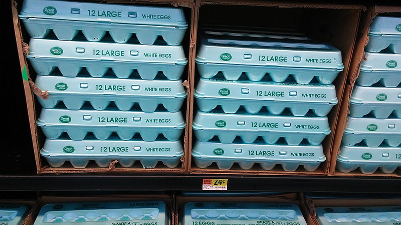 Cartons of low-priced Great Value eggs are stacked at Walmart Supercenter on Highway 153 in Hixson.