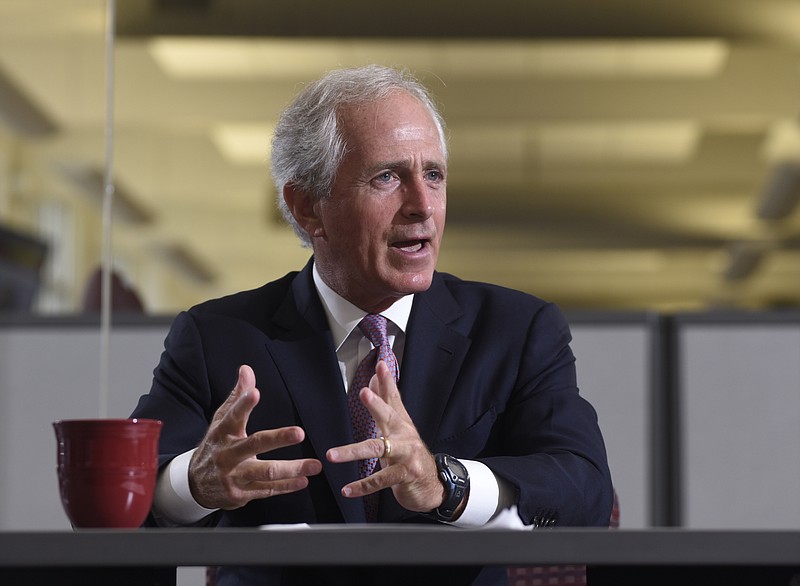 U. S. Senator Bob Corker meets with members of the Chattanooga Time Free Press editorial board Wednesday, Aug. 19, 2015, in Chattanooga, Tenn.