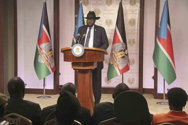 
              President of South Sudan Salva Kiir Mayardit speaks on the occasion of the sixth anniversary of his country's independence at the presidential palace in Juba, Sunday, July 9, 2017. For the second year in a row, the world's youngest nation will not have any official celebrations to mark the anniversary of its birth because of the widespread suffering caused by its ongoing civil war. (AP Photo/ Samir Bol)
            