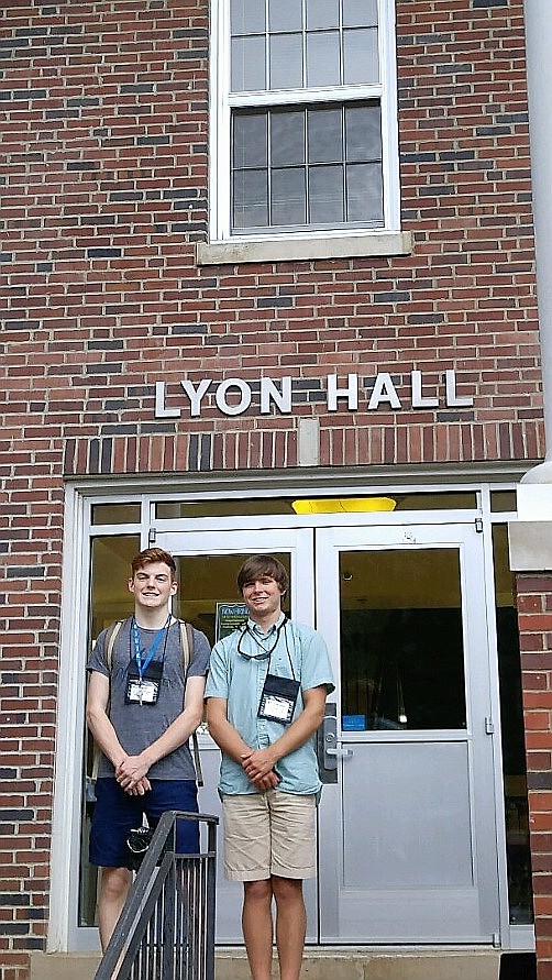 Signal Mountain High School students Eli Goeltz, left, and Hunter Wilburn arrive at the dorm at Middle Tennessee State University where they stayed as participants in the Tennessee Governor's School for the Arts last month. (Contributed photo)