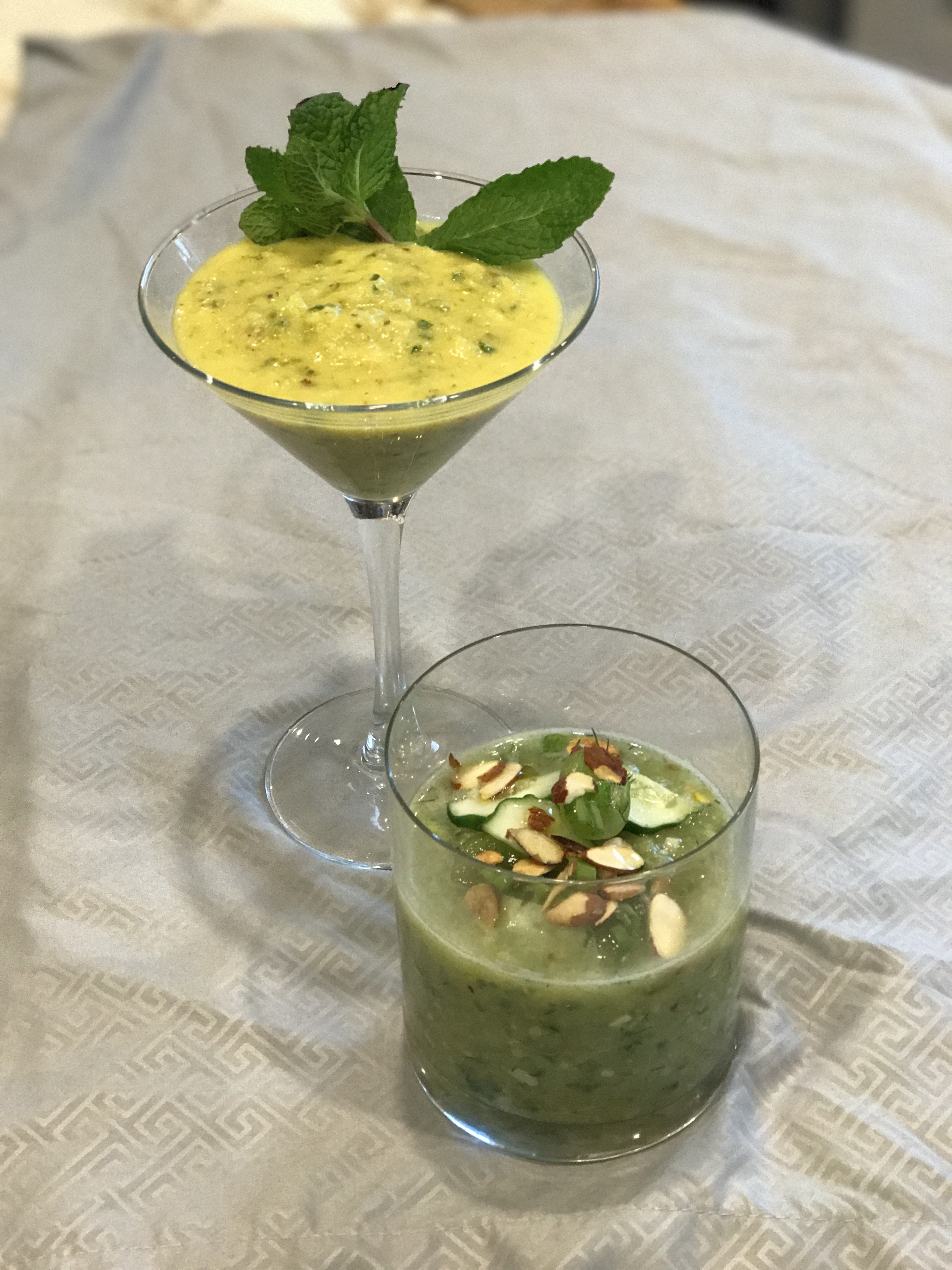 Pineapple Soup Shots and Cucumber and Grape Gazpacho