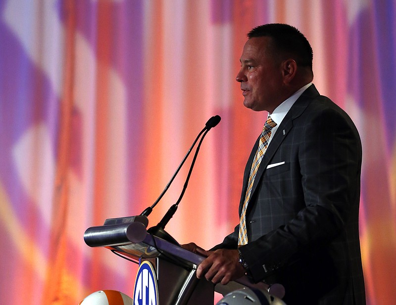 Tennessee NCAA college football coach Butch Jones speaks during the Southeastern Conference's annual media gathering, (AP Photo/Butch Dill), Monday, July 10, 2017, in Hoover, Ala. (AP Photo/Butch Dill)