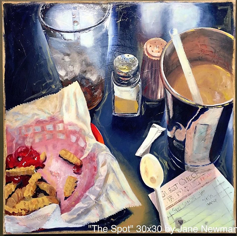 "Where We Eat" captures moments in favorite local eateries with images of a wineglass on a candle-lit table, chrome sheen of a salt shaker on a diner counter or a basket of crispy fries splashed with ketchup, pictured above in "The Spot."