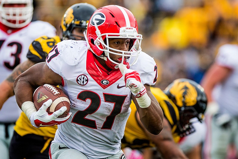 Georgia senior running back Nick Chubb has rushed for 3,424 yards in his career, ranking second in program history behind Herschel Walker.