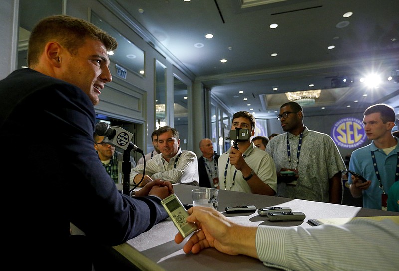 Vanderbilt NCAA college football player Kyle Shurmur speaks during the Southeastern Conference's annual media gathering, Tuesday, July 11, 2017, in Hoover, Ala. (AP Photo/Butch Dill)