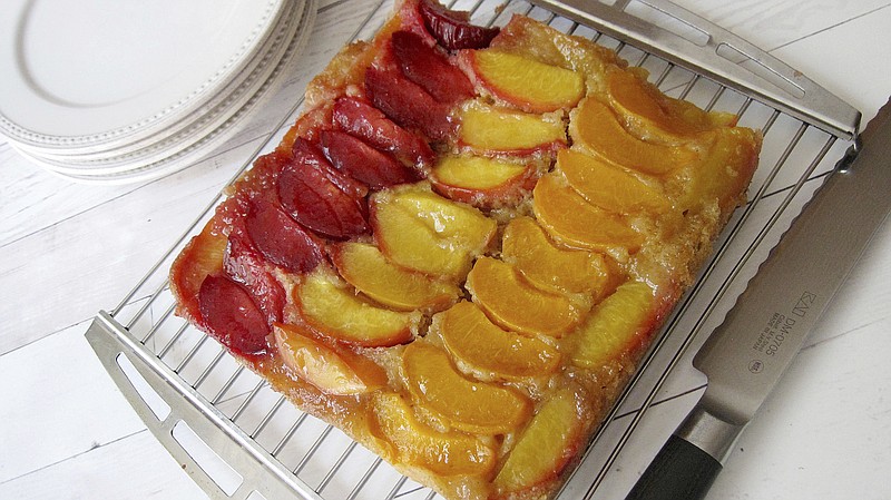 This stone fruit, almond upside-down cake dish is from a recipe by Sara Moulton.