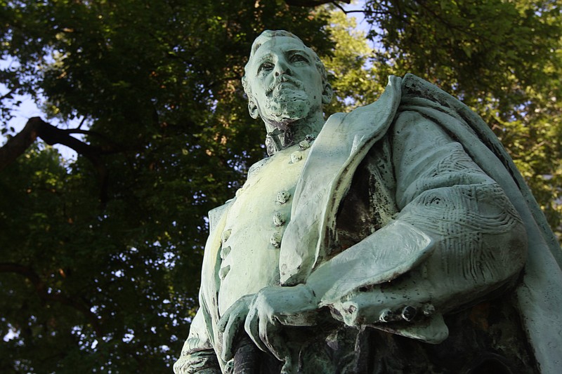 A bust of Confederate Lt. Gen. Alexander P. Stewart stands on the front lawn of the Hamilton County Courthouse.