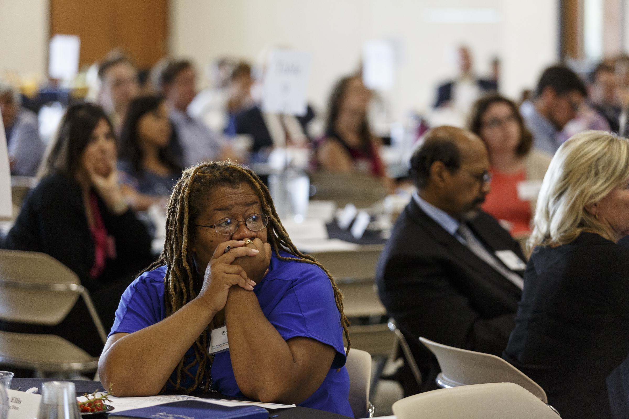 Gena Ellis with First Things First listens during an update on the Chattanooga 2.0 initiative on the campus of the University of Tennessee at Chattanooga on Thursday, July 13, 2017, in Chattanooga, Tenn. Chattanooga 2.0 launched a year ago with the goal of improving education outcomes in Hamilton County.