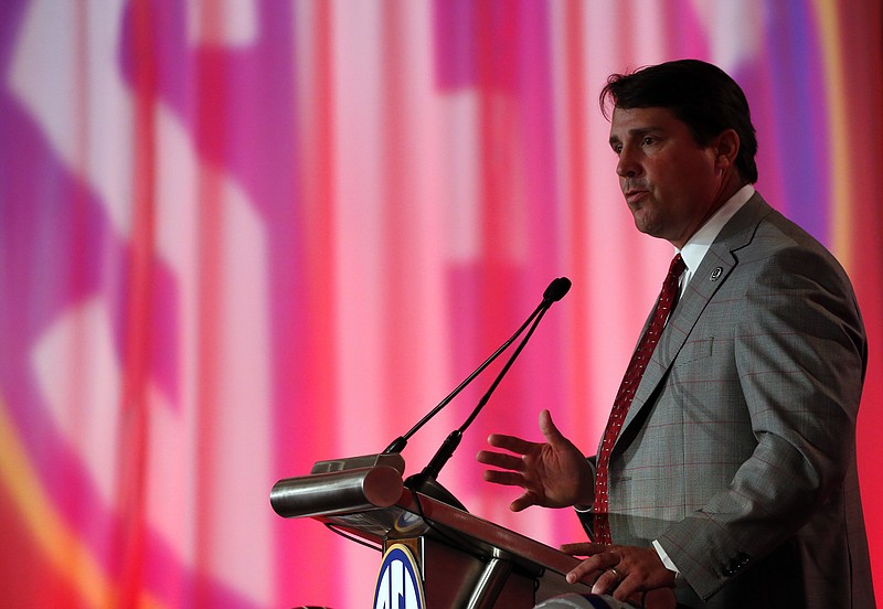 South Carolina NCAA college football coach Will Muschamp speaks during the Southeastern Conference's annual media gathering, Thursday, July 13, 2017, in Hoover, Ala. (AP Photo/Butch Dill)