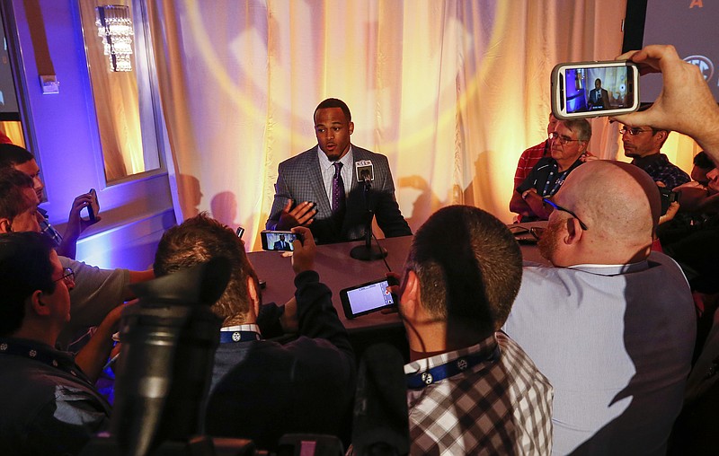 Auburn NCAA college football player Tray Matthews speaks during the Southeastern Conference's annual media gathering, Thursday, July 13, 2017, in Hoover, Ala. (AP Photo/Butch Dill)