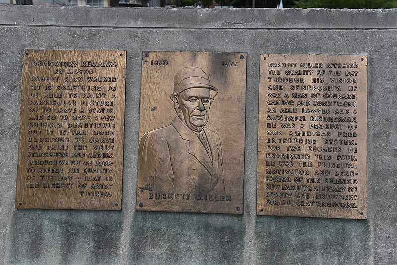 Plaques at Miller Park, which is now being renovated, honor park visionary and benefactor Burkett Miller.