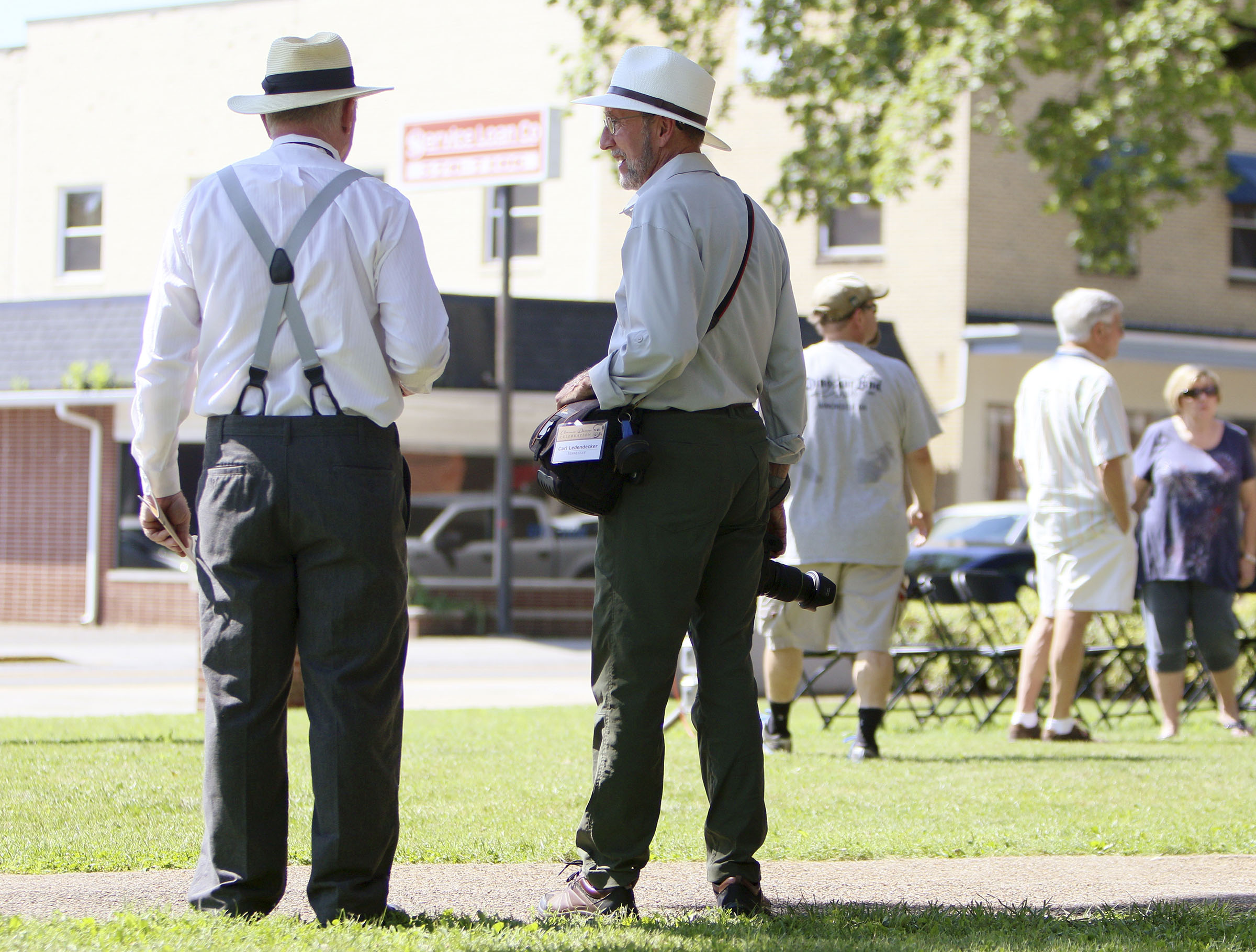 Doug Carson of Flintstone, Ga., and Carl Ledendecker of Knoxville talk after the dedication and unveiling event of the Clarence Darrow Commemorative Statue Friday, July 14, 2017, at the Rhea County Courthouse in Dayton, Tenn. Carson is a member of the Chattanooga Free Thought Association, and Ledendecker is a member of the Freedom From Religion Foundation East Tennessee Chapter.