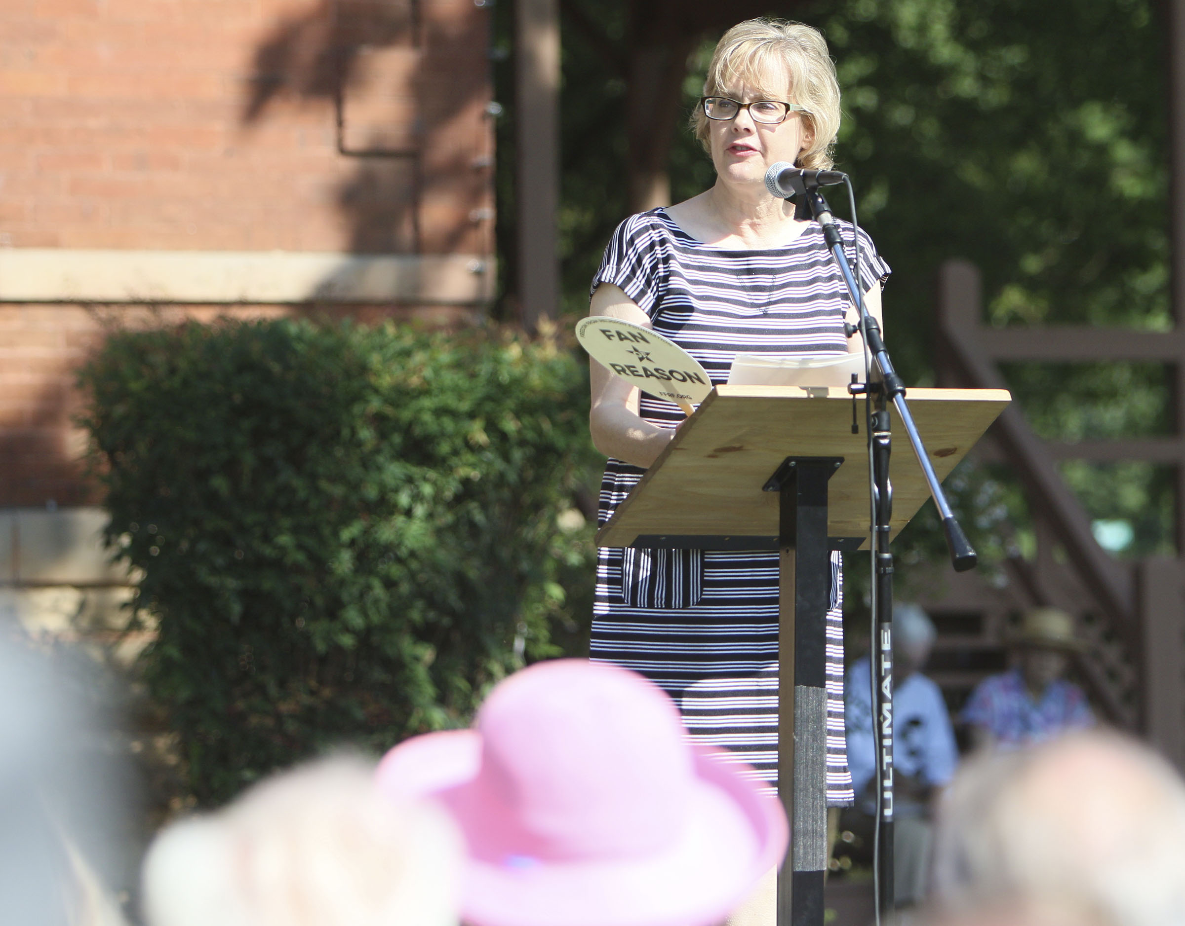 Annie Laurie Gaylor, a co-president for the Freedom From Religion Foundation, speaks during the dedication and unveiling event of the Clarence Darrow Commemorative Statue Friday, July 14, 2017, at the Rhea County Courthouse in Dayton, Tenn. The 10-foot bronze figure of Darrow was sculpted by Zenos Frudakis.