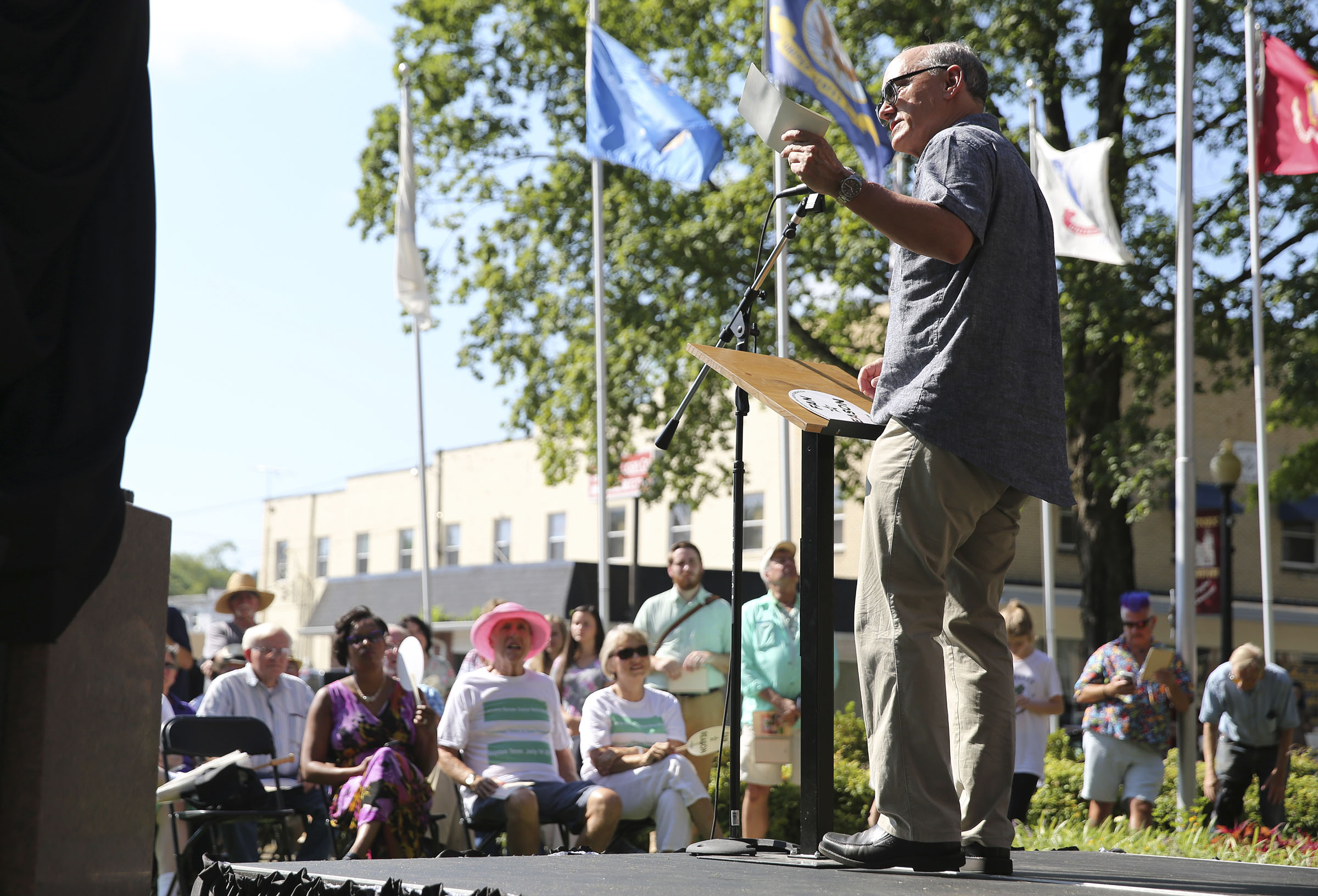 Dan Barker speaks during the dedication and unveiling event of the Clarence Darrow Commemorative Statue Friday, July 14, 2017, at the Rhea County Courthouse in Dayton, Tennessee. The bronze 10-foot figure of Darrow was sculpted by Zenos Frudakis.