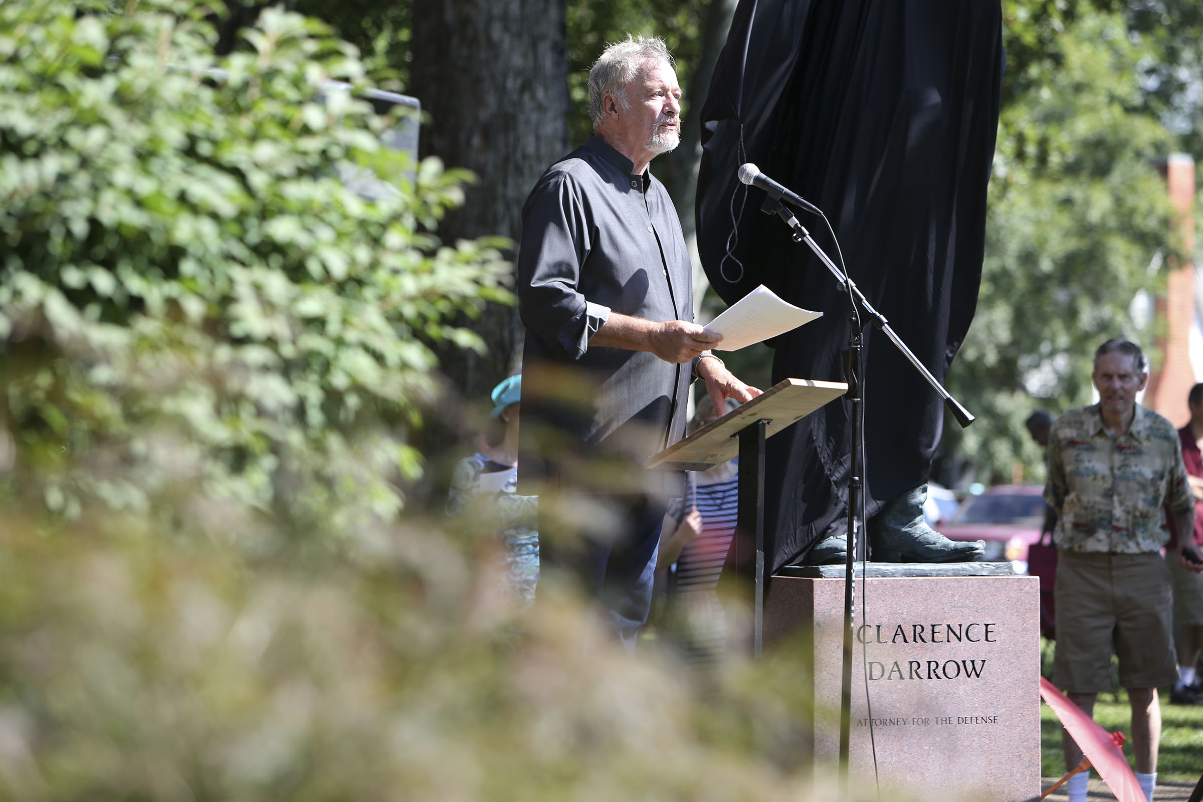 John de Lancie, an actor best known for his role as Q in Star Trek: The Next Generation, speaks during the dedication and unveiling event of the Clarence Darrow Commemorative Statue Friday, July 14, 2017, at the Rhea County Courthouse in Dayton, Tenn. The sculpture of Clarence Darrow was donated to the Rhea County Courthouse.