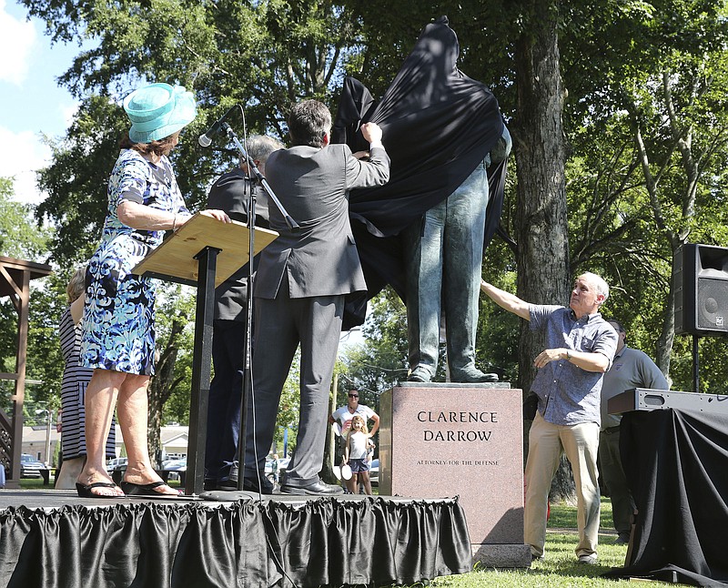 The Clarence Darrow Commemorative Statue is unveiled Friday, July 14, 2017, at the Rhea County Courthouse in Dayton, Tenn. The 10-foot bronze figure of Darrow was sculpted by Zenos Frudakis.