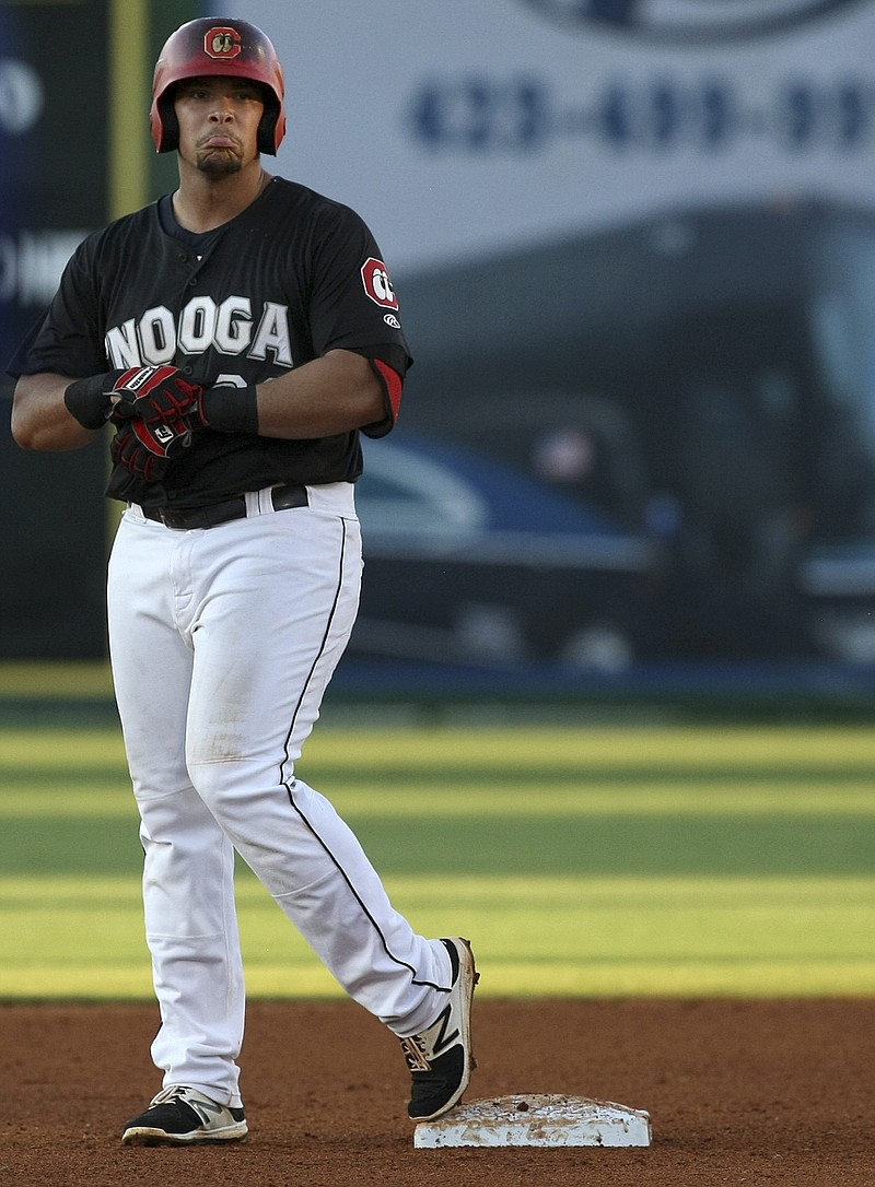 Chattanooga Lookouts first baseman Jonathan Rodriguez (30) reacts after reaching second base in the bottom of the fourth inning against the Tennessee Smokies at AT&T Field on Friday, July 7, in Chattanooga, Tenn.