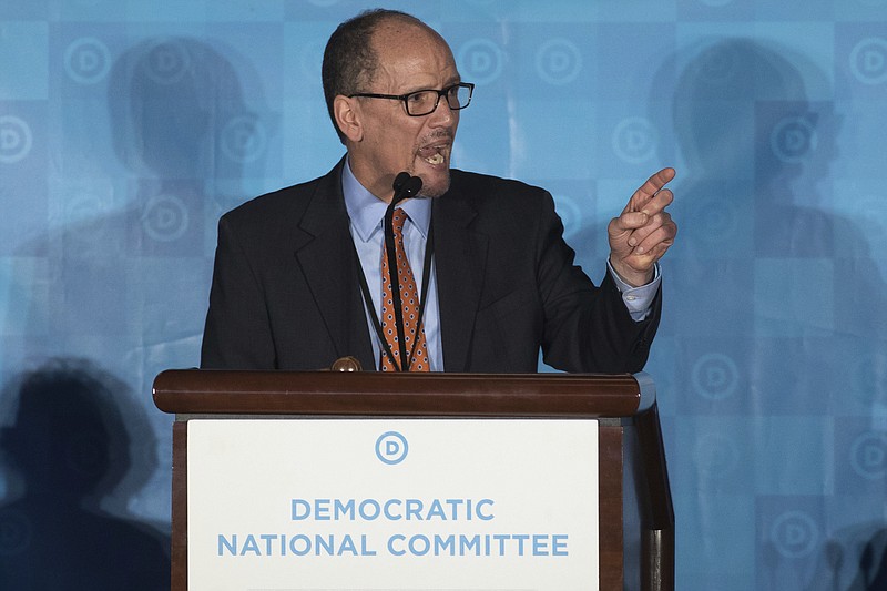 In this Feb. 25, 2017 file photo, Tom Perez, speaks in Atlanta. As Democrats look to reverse Republicans' monopoly control in Washington and the GOP advantage in state capitals, the party is still looking for a crisp, simple message for voters. "We know that we can be an America that works for everyone, because we believe that our diversity is our greatest strength. ... And we believe that when we put hope on the ballot we do well, and when we allow others to put fear in the eyes of people we don't do so hot," said Perez.(AP Photo/Branden Camp, File)