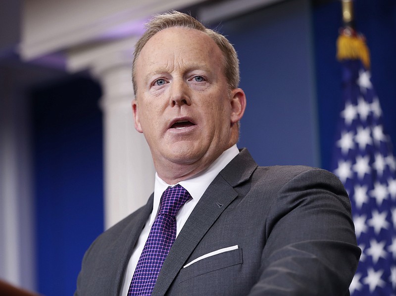 
              White House press secretary Sean Spicer speaks to members of the media in the Brady Briefing room of the White House in Washington, Monday, July 17, 2017. (AP Photo/Pablo Martinez Monsivais)
            