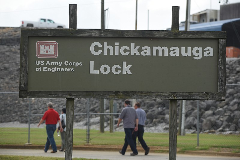 The entrance sign for the Chickamauga Lock is photographed on Tuesday, Aug. 11, 2015, in Chattanooga, Tenn.  
