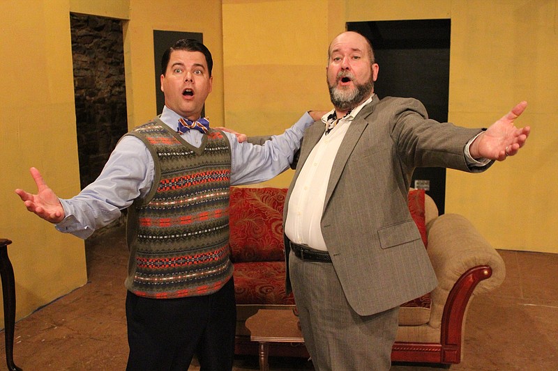 Justin Young, left, as Max, gets singing lessons from the world-famous Tito Merelli, played by Ed Huckabee.