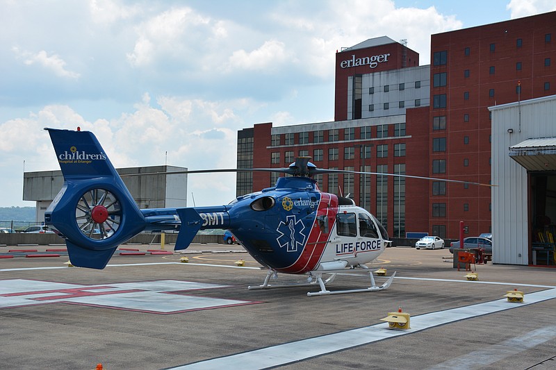 The sixth helicopter in Erlanger Health System's Life Force fleet arrived at the Chattanooga hospital on July 19, 2017, to be equipped for its service in western North Carolina, starting next month. The new aircraft is a H135 with Instrument Flight Rules to operate in mountainous terrain. (Photo by Prater Photography)