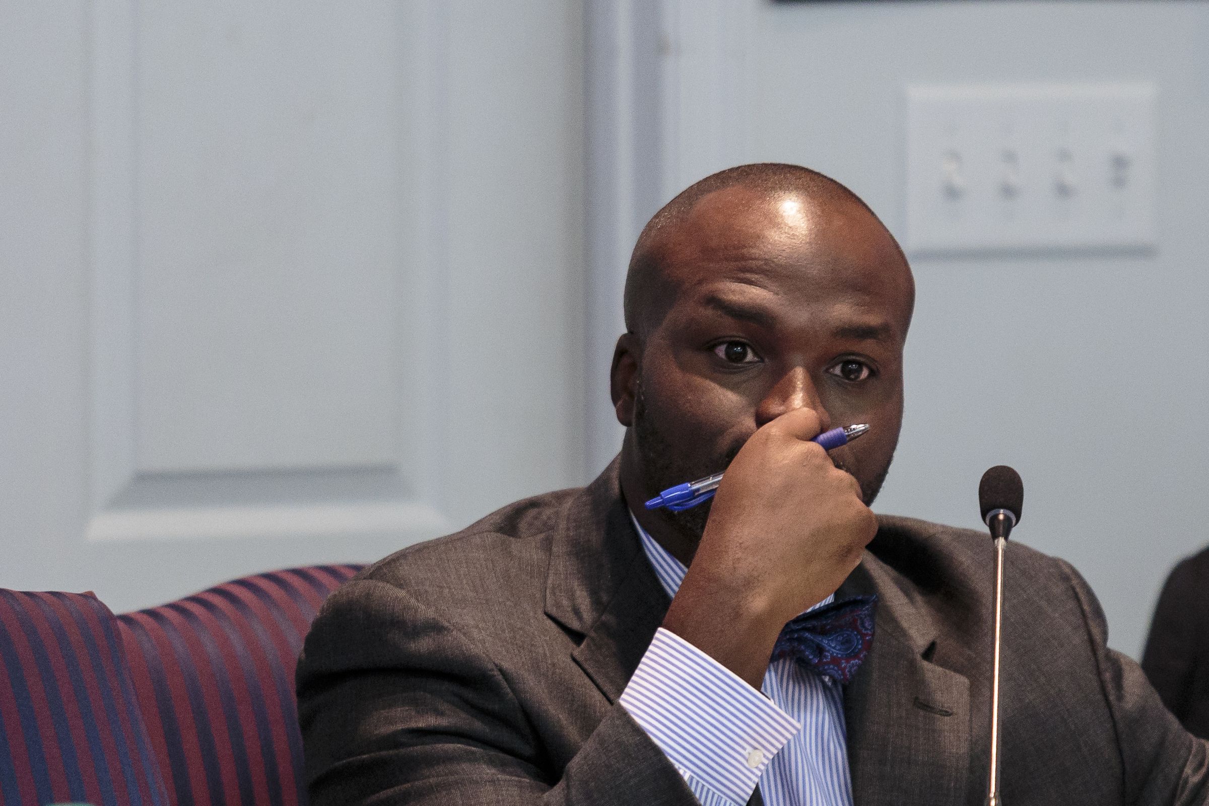 New schools superintendent Bryan Johnson listens to the board discuss a school Partnership Zone proposal during a Hamilton County Board of Education meeting on Thursday, July 20, 2017, in Chattanooga, Tenn. The school Partnership Zone would create an independent mini-district within Hamilton County as an alternative to complete state takeover of five low-performing schools.