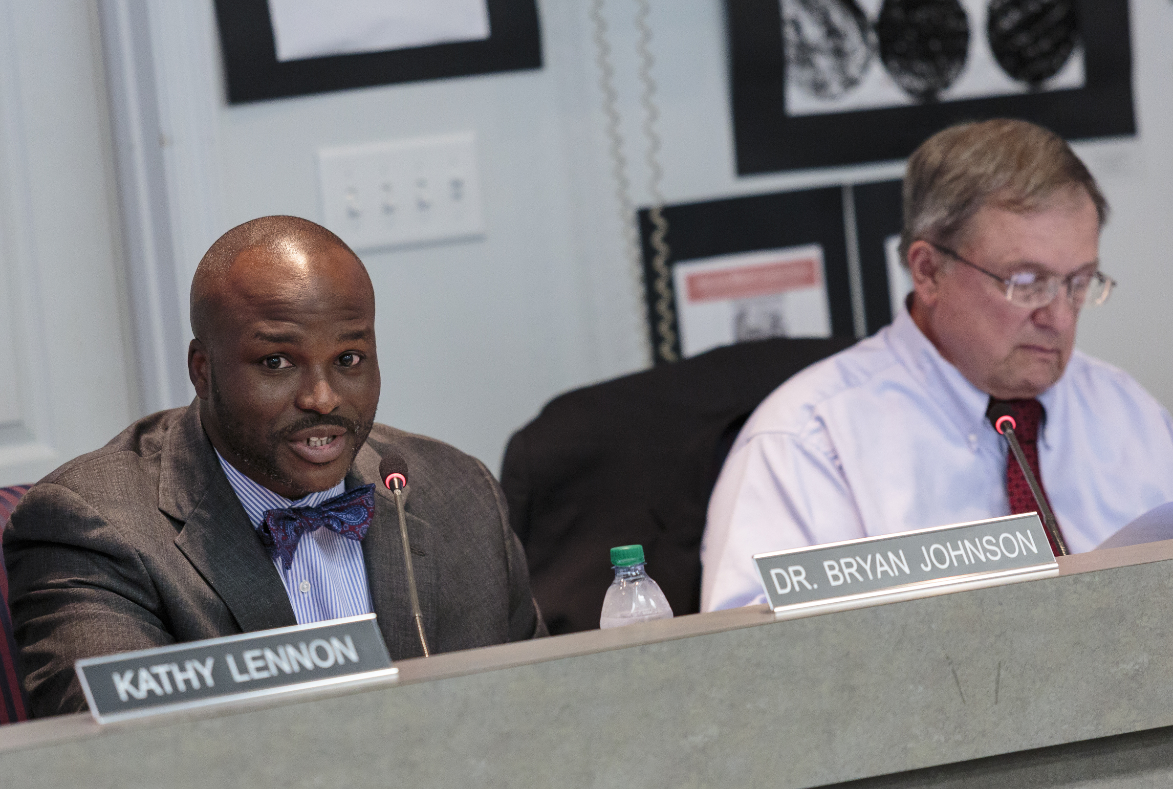 New schools superintendent Bryan Johnson, left, talks about a school Partnership Zone proposal next to board member David Testerman during a Hamilton County Board of Education meeting on Thursday, July 20, 2017, in Chattanooga, Tenn. The school Partnership Zone would create an independent mini-district within Hamilton County as an alternative to complete state takeover of five low-performing schools.