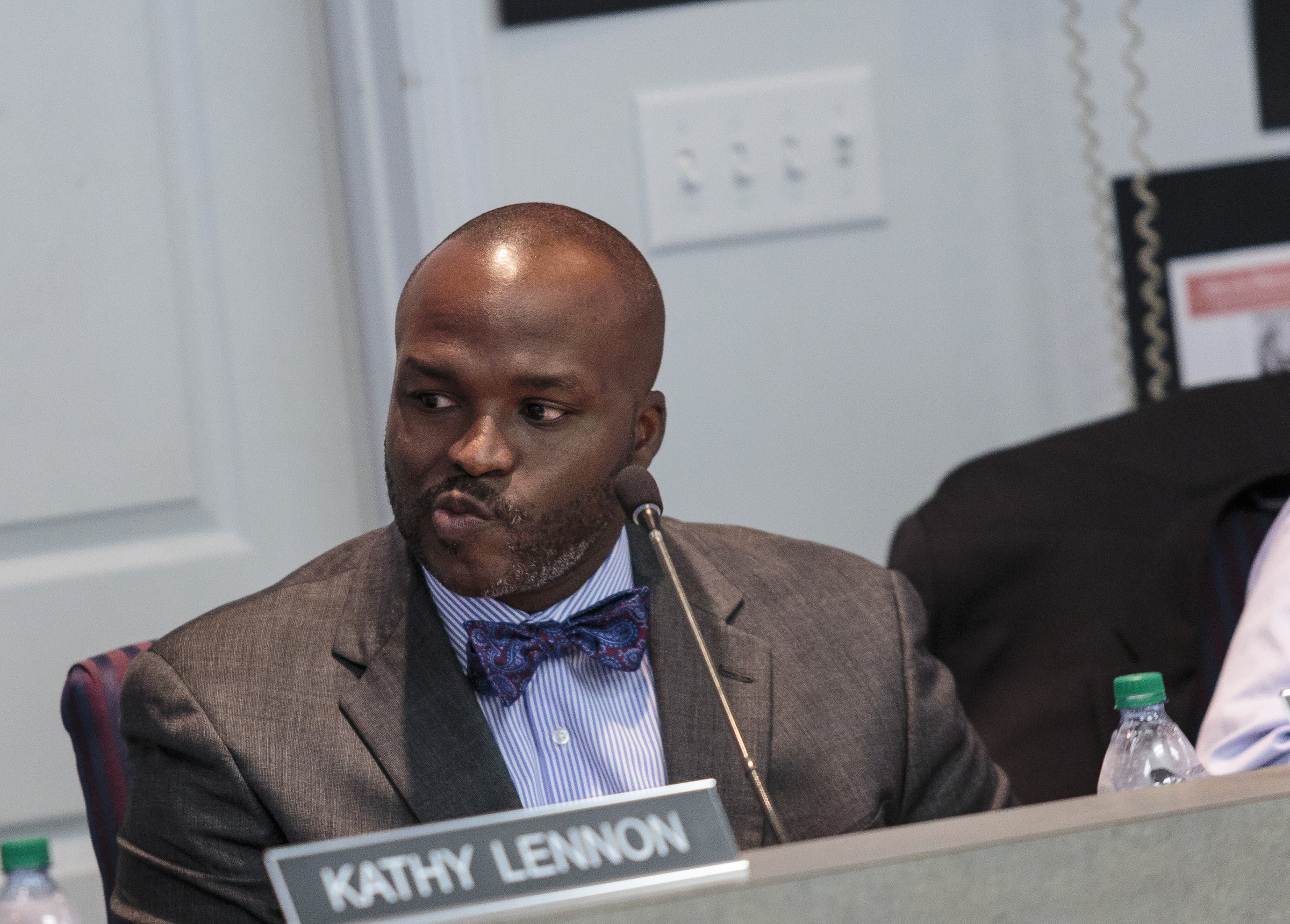 New school superintendent Bryan Johnson listens as school board members discuss a school Partnership Zone proposal during a Hamilton County Board of Education meeting on Thursday, July 20, 2017, in Chattanooga, Tenn. The school Partnership Zone would create an independent mini-district within Hamilton County as an alternative to complete state takeover of five low-performing schools.