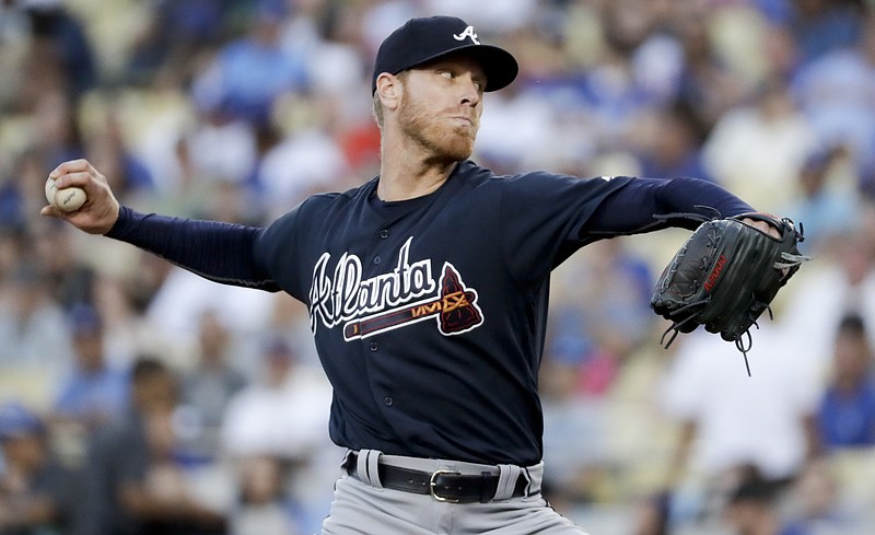 
              Atlanta Braves starting pitcher Mike Foltynewicz throws against the Los Angeles Dodgers during the first inning of a baseball game in Los Angeles, Thursday, July 20, 2017. (AP Photo/Chris Carlson)
            