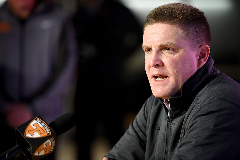 New Tennessee football defensive coordinator Bob Shoop answers questions during a news conference Tuesday, Jan. 12, 2016, in Knoxville, Tenn. (Amy Smotherman Burgess/Knoxville News Sentinel via AP)