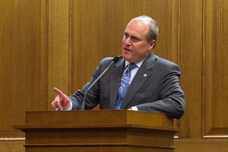 Sen. Doug Overbey, R-Maryville, makes his closing argument on behalf of Gov. Bill Haslam's Medicaid expansion proposal in the Senate Health Committee in Nashville, Tenn., on Wednesday, Feb. 4, 2015. The panel later defeated the proposal. (AP Photo/Erik Schelzig)