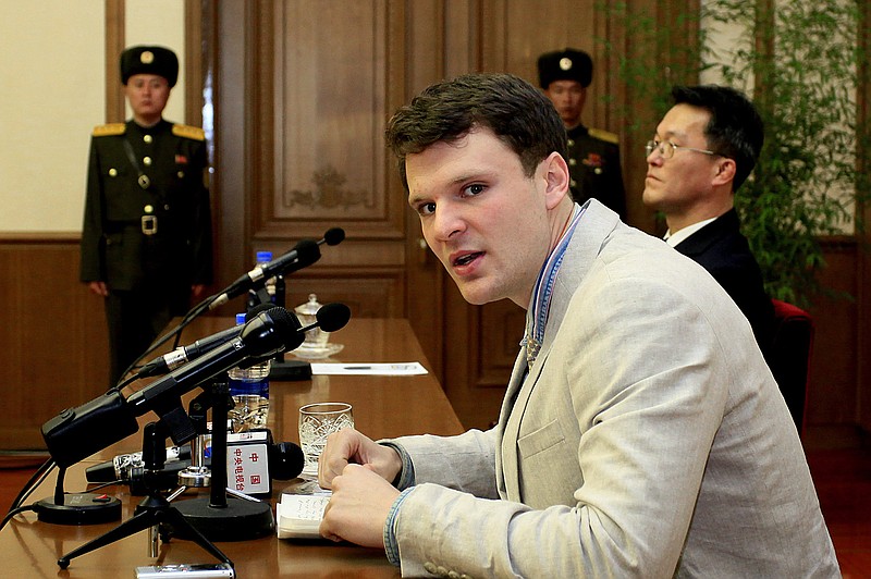 In this Feb. 29, 2016, file photo, American student Otto Warmbier speaks as Warmbier is presented to reporters in Pyongyang, North Korea. U.S. officials say the Trump administration will ban American citizens from traveling to North Korea following the death of university student Otto Warmbier, who passed away after falling into a coma into a North Korean prison. (AP Photo/Kim Kwang Hyon)