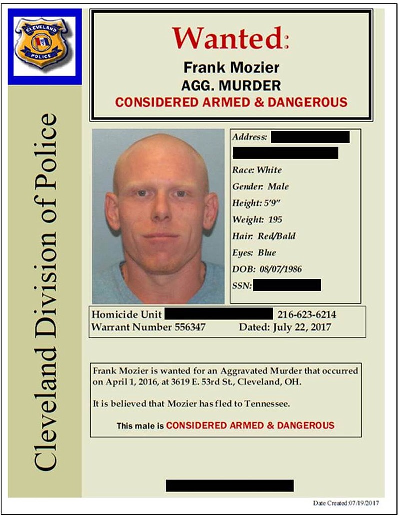 Wanted posted for Frank Mozier, a man wanted in connection to a 2016 slaying in Cleveland, Ohio. He was caught and arrested in Ooltewah. 