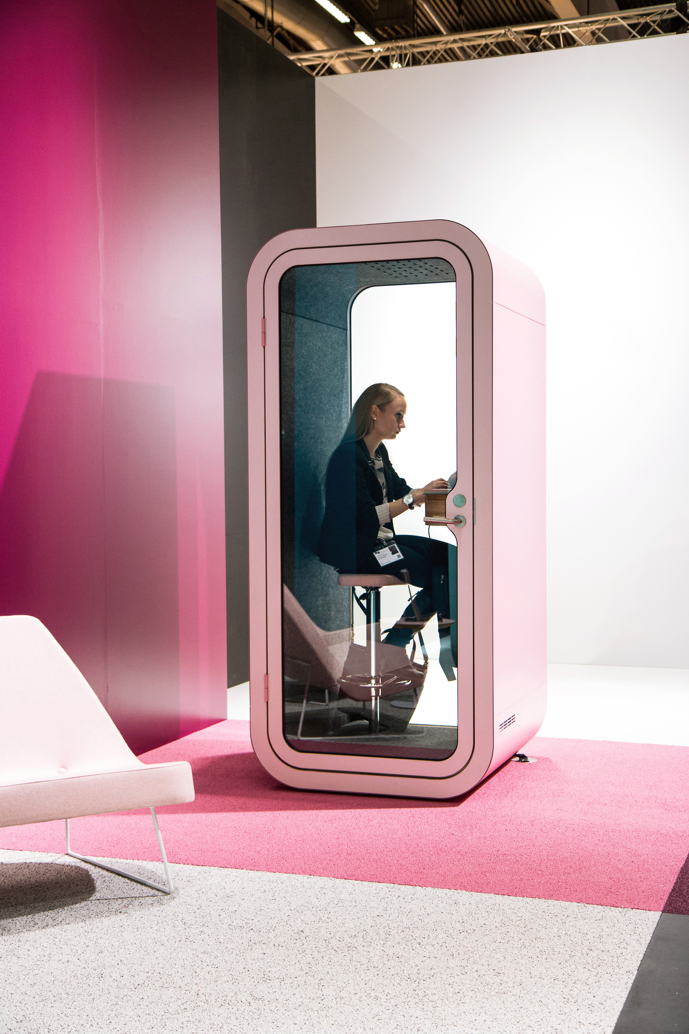 The Finnish-made Framery O phone booth inside a showroom.