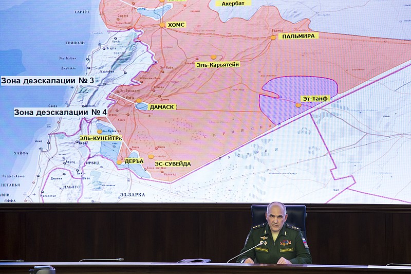 
              Lt.-Gen. Sergei Rudskoy of the Russian Military General Staff, speaks to the media in Moscow, Russia, Monday, July 24, 2017. Russia's General Staff says it has deployed military police to monitor the cease-fire in a safe zone in the eastern suburbs of Syria's Damascus.(AP Photo/Alexander Zemlianichenko)
            