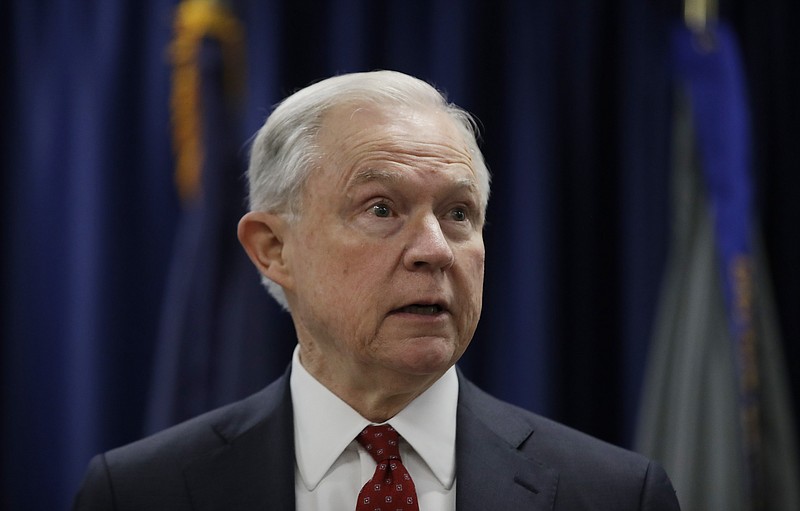 
              FILE - In this July 21, 2017 file photo, Attorney General Jeff Sessions speaks in Philadelphia. President Donald Trump took a new swipe at on Monday, July 24, 2017, referring to him in a tweet as “beleaguered” and wondering why Sessions isn’t digging into Hillary Clinton’s alleged contacts with Russia. (AP Photo/Matt Rourke, File)
            