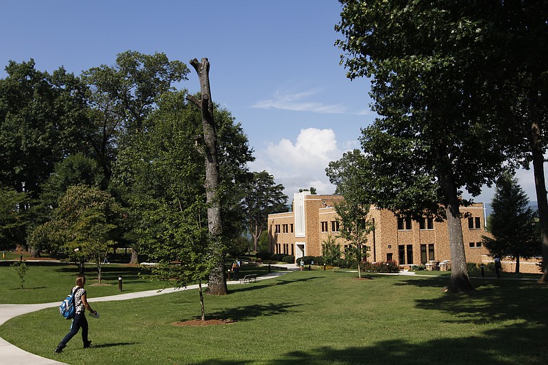 A student walks through the center of Bryan College's campus towards the Latimer Student Center on August 27, 2014.