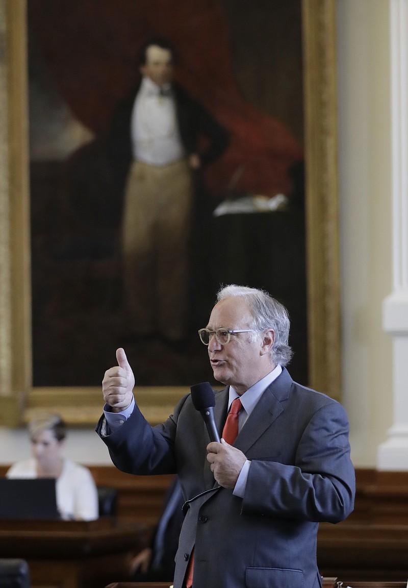 
              State Sen. Kirk Watson, D-Austin, speaks during debate over a "bathroom bill" in the Senate Chamber, Tuesday, July 25, 2017, in Austin, Texas. The Texas Senate has revived a bill mandating transgender Texans use public restrooms corresponding to their birth-certificate genders. (AP Photo/Eric Gay)
            
