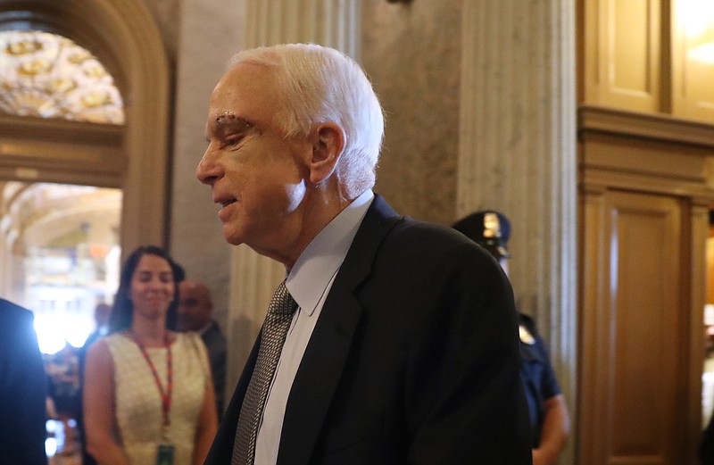 Sen. John McCain, R-Ariz. arrives on Capitol Hill in Washington, Tuesday, July 25, 2017, as the Senate was to vote on moving head on health care with the goal of erasing much of Barack Obama's law. (AP Photo/Andrew Harnik)